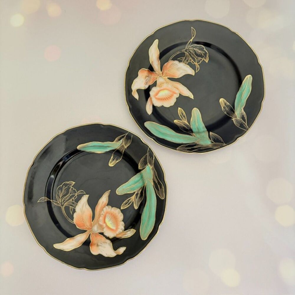 Wako China WAK14 Black Peach Orchid Gold Trim 7.25" Plates Set of 2